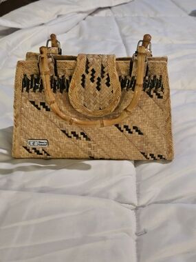 Woven Straw Satchel with Bamboo Handles - Natural with Black Accent
